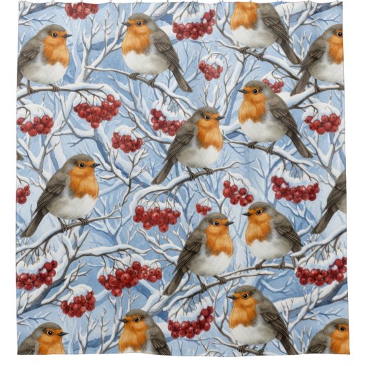 Winter-Rotkehlchen und schneebedeckte Äste Duschvorhang (Vorderseite)