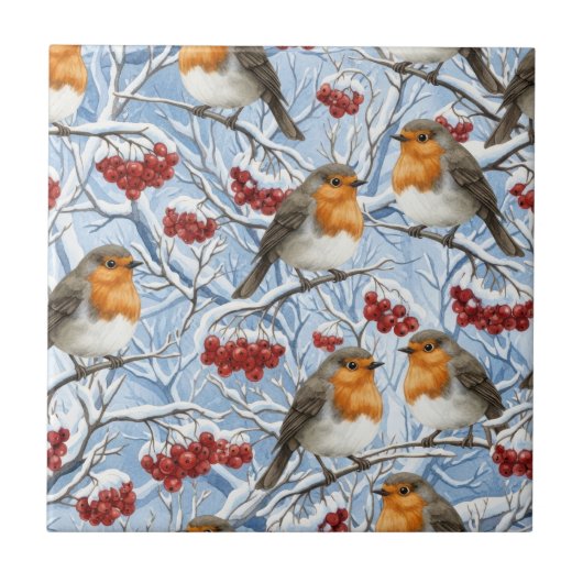 Winter-Rotkehlchen und schneebedeckte Äste Fliese (Vorderseite)