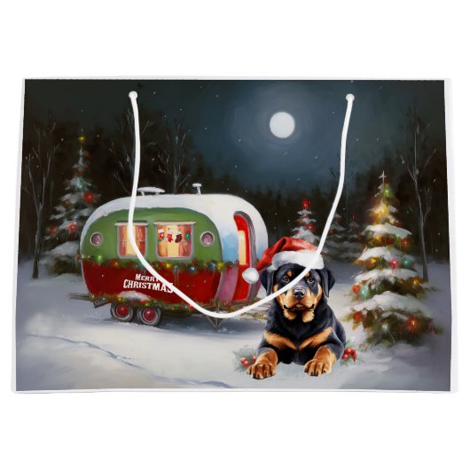 Winter Rottweiler Caravan Weihnachtsabenteuer Große Geschenktüte (Vorderseite)