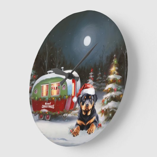 Winter Rottweiler Caravan Weihnachtsabenteuer Große Wanduhr (Winkel)