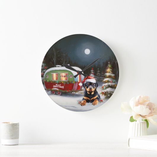 Winter Rottweiler Caravan Weihnachtsabenteuer Große Wanduhr (Zuhause)