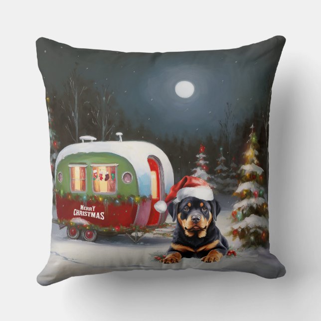 Winter Rottweiler Caravan Weihnachtsabenteuer Kissen (Rückseite)