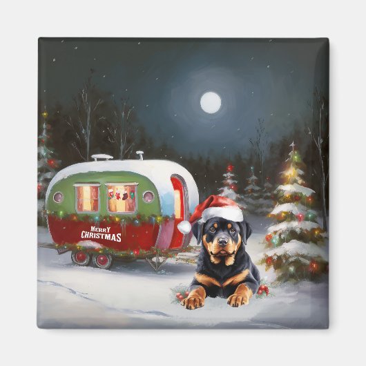 Winter Rottweiler Caravan Weihnachtsabenteuer Magnet (Vorne)