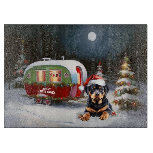Winter Rottweiler Caravan Weihnachtsabenteuer Schneidebrett (Vorderseite)