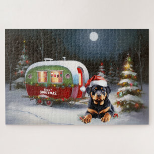 Winter-Rottweiler-Wohnwagen-Weihnachtsabenteuer Puzzle