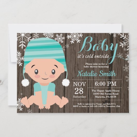 Winter Rustic Aqua Baby Dusche Einladung (Vorderseite)