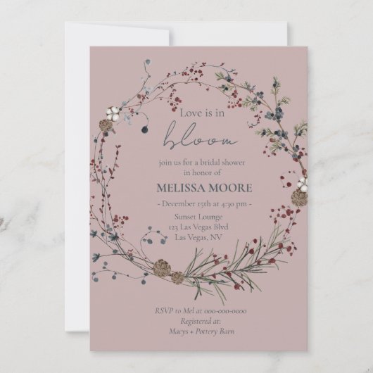 Winter Rustic Boho Love Is In Bloom Bridal Shower Einladung (Vorderseite)