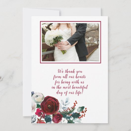 Winter Rustic Burgund Rose Hochzeit Vielen Dank Einladung (Rückseite)