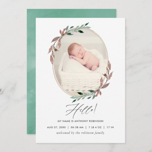 Winter Rustikale Grüne Geburtskarte Ankündigung (Vorne/Hinten)