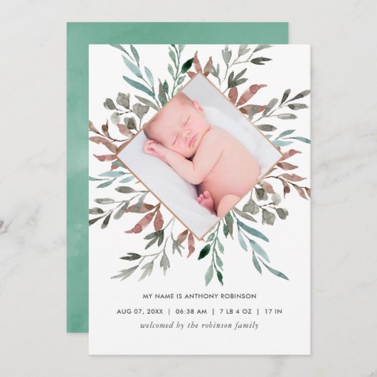 Winter Rustikale Grüne Geburtskarte Ankündigung (Vorne/Hinten)