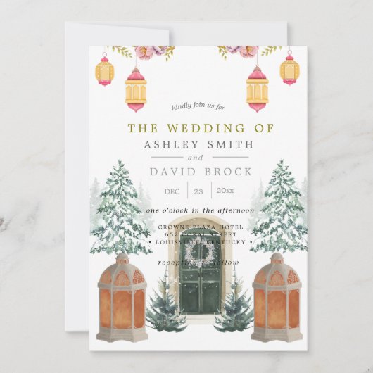 Winter Rustikale Hütte Schneekiefer Einladung Hoch (Vorderseite)