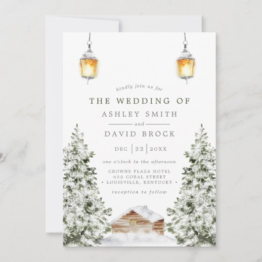 Winter Rustikale Hüttenschneedecke Hochzeit Einladung (Vorderseite)
