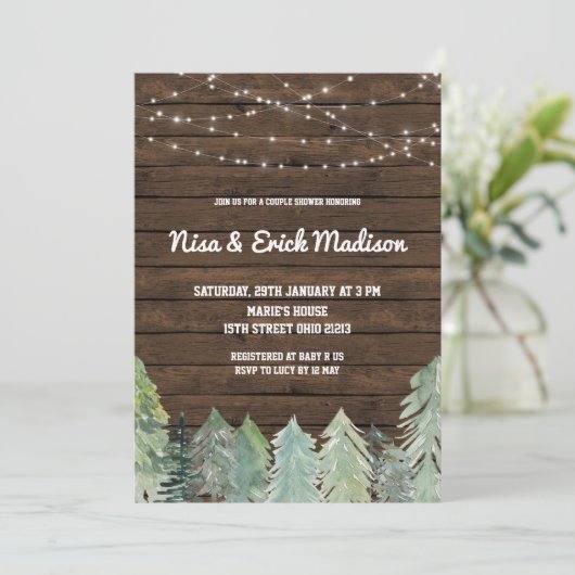 Winter Rustikale Paare Kinderdusche Einladung (Stehend Vorderseite)