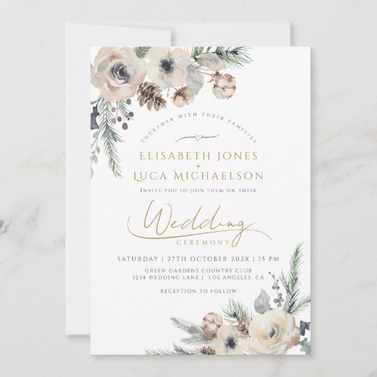 Winter Rustikale Pine Botanical Monogram Boho Wedd Einladung (Vorderseite)