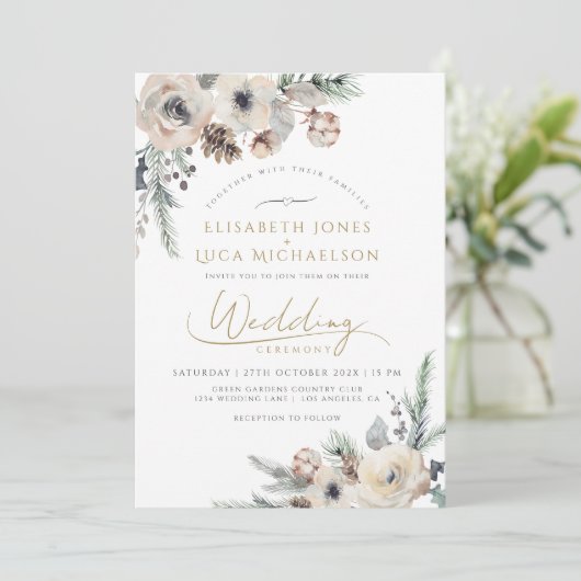 Winter Rustikale Pine Botanical Monogram Boho Wedd Einladung (Stehend Vorderseite)