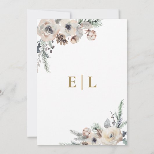 Winter Rustikale Pine Botanical Monogram Boho Wedd Einladung (Rückseite)