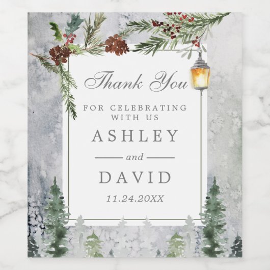 Winter Rustikale Pine Chic Botanical Lantern Weddi Weinetikett (Einzelnes Label)