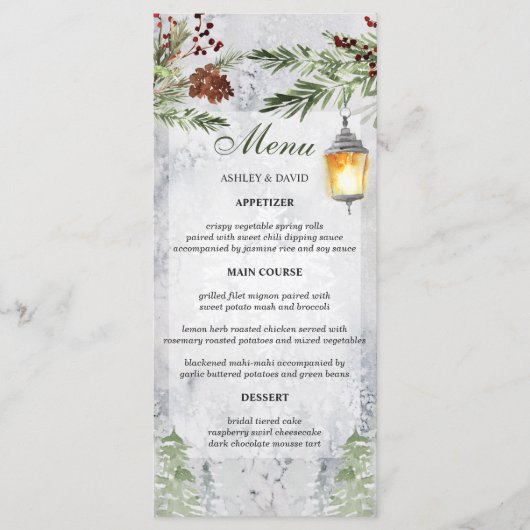 Winter Rustikale Pine Lantern Hochzeit Menükarte (Vorderseite)