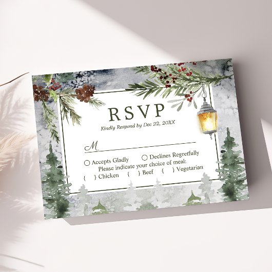 Winter Rustikale Pine Tree Botanical Lantern Weddi RSVP Karte