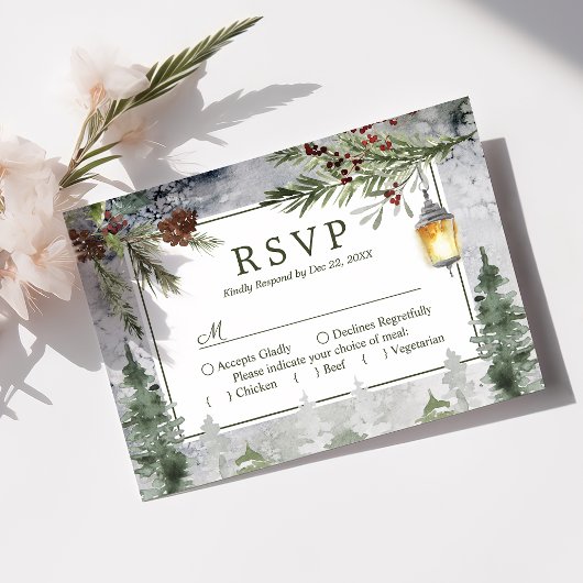 Winter Rustikale Pine Tree Botanical Lantern Weddi RSVP Karte