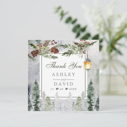 Winter Rustikale Pine Trees Lantern Danke Karte (Stehend Vorderseite)
