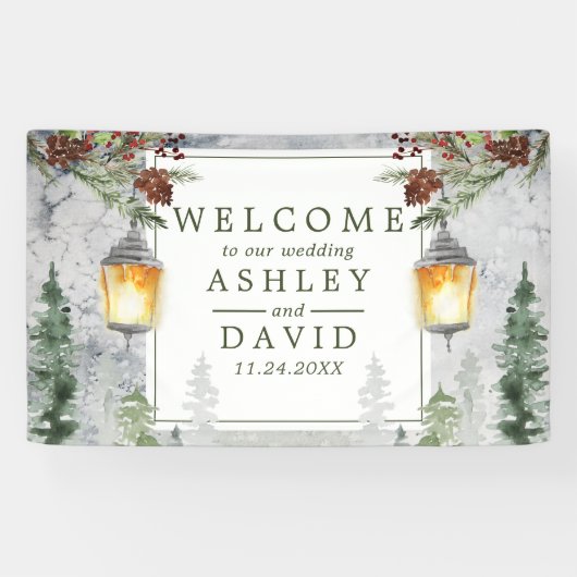 Winter Rustikale Pine Trees Lantern Hochzeit Empfa Banner (Horizontal)