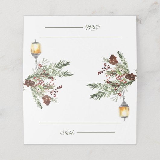 Winter Rustikale Pine Trees Lantern Hochzeit Platzkarte (Außenseite Aufgefaltet)