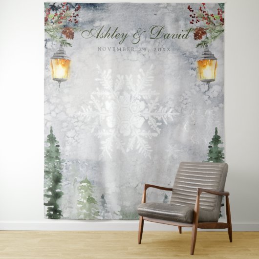 Winter Rustikale Pine Trees Lantern Hochzeitssembl Wandteppich (Beispiel)