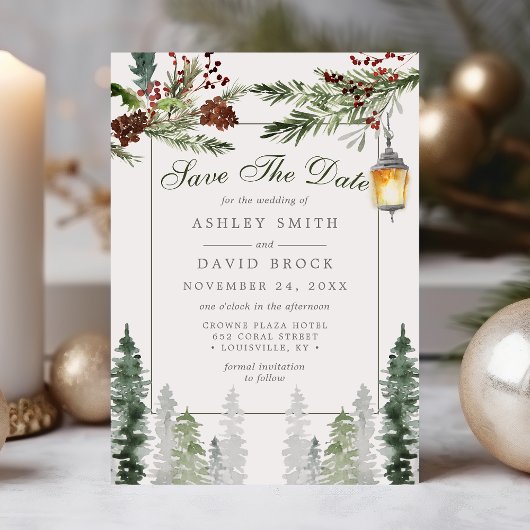 Winter Rustikale Pine Trees Lantern Save the Date