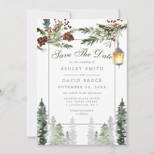 Winter Rustikale Pine Trees Lantern Save the Date (Vorderseite)