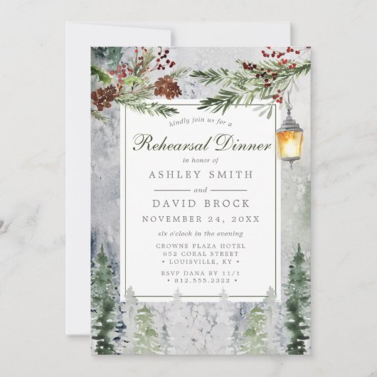 Winter Rustikale Pine Trees Lattern Probe Abendess Einladung (Vorderseite)