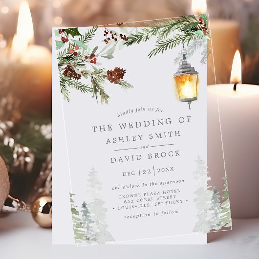 Winter Rustikale Pinienbäume Botanische Laternenho Acryleinladungen