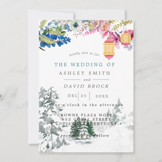 Winter Rustikale Pinienbäume Botanische Laternenho Einladung (Vorderseite)