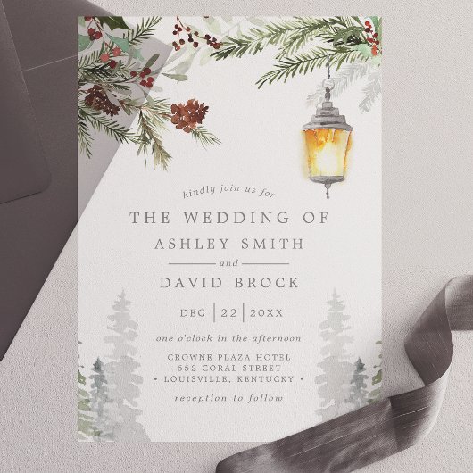 Winter Rustikale Pinienbäume Botanische Laternenho Pergament Einladungen
