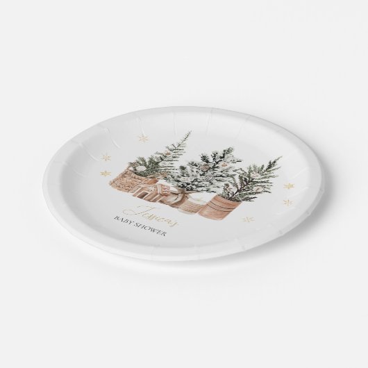 Winter Rustikale Weihnachtsbaumen Kinderdusche Pappteller (Schrägansicht)