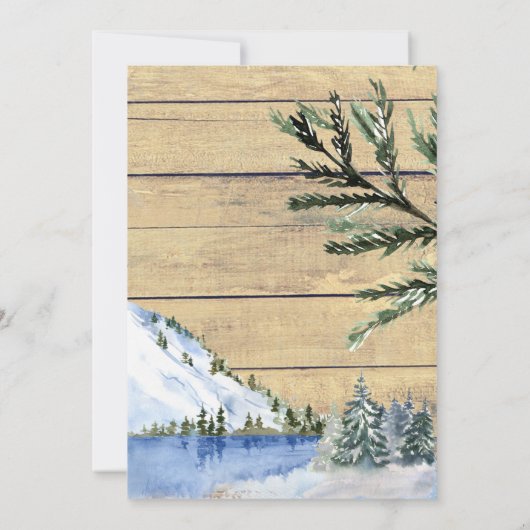 Winter Rustikaler Holzwald Wasserfarben Babydusche Einladung (Rückseite)