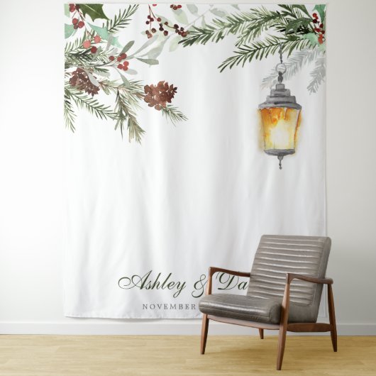 Winter Rustikales Pine Trees Lantern Hochzeitssemb Wandteppich (Beispiel)