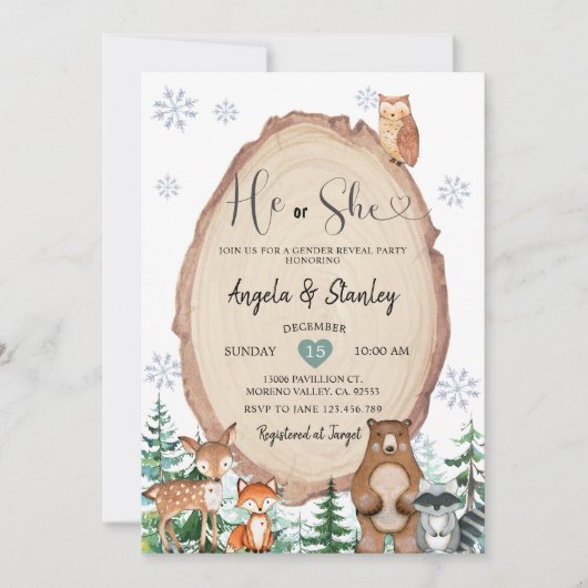 Winter Rustikales Wald, das er oder sie Geschlecht Einladung (Vorderseite)