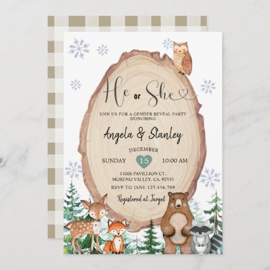 Winter Rustikales Wald, das er oder sie Geschlecht Einladung (Vorne/Hinten)