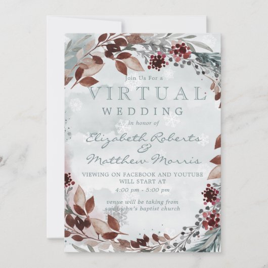 Winter Sage Brown Rustic Virtual Wedding Einladung (Vorderseite)