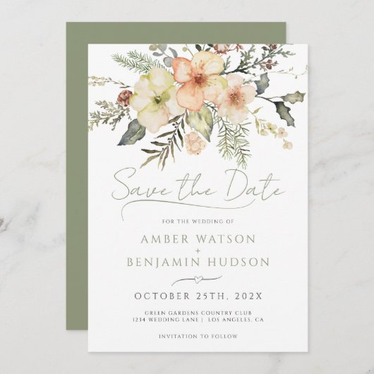 Winter Sage Grüne Weihnachtsblume Save the Date Einladung (Vorne/Hinten)