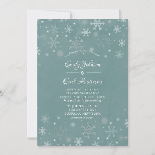 Winter Sage Wasserfarbe Weiße Schneeflocken Hochze Einladung (Vorderseite)