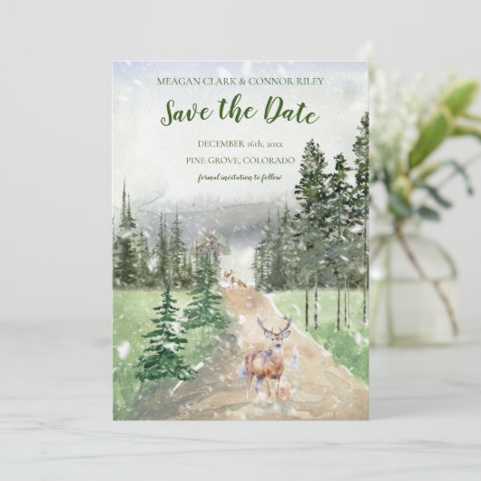 Winter Save the Date im Evergreen Woods (Stehend Vorderseite)