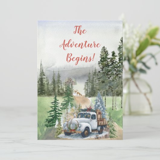 Winter Save the Date im Evergreen Woods (Stehend Vorderseite)