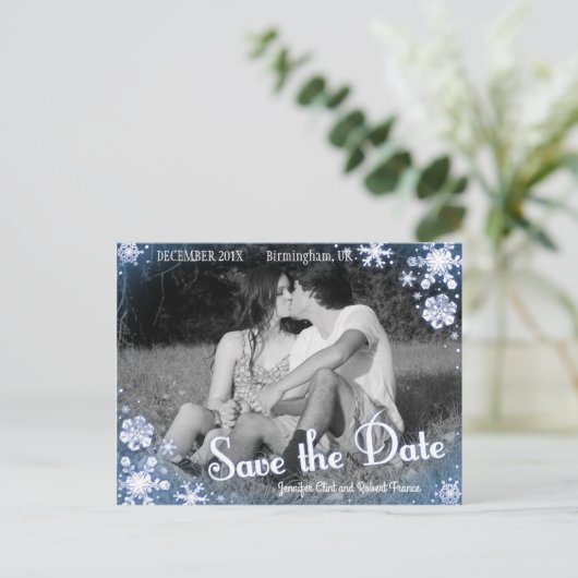 Winter Save the Date Postcard Snowflake Custom Ankündigungspostkarte (Stehend Vorderseite)