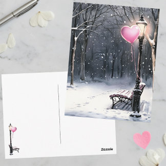 Winter Scene Pink Heart Balloon Valentine's Day Postkarte
