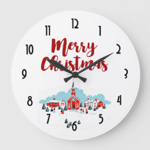 Winter Scene with a Red Church and Christmas Star Große Wanduhr