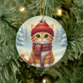 Winter-Schal-Katze Weihnachtskatze mit Karoschal Keramik Ornament