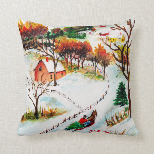 Winter-Schlittenfahrt-Berg-Weihnachten-Wasserfarbe Kissen