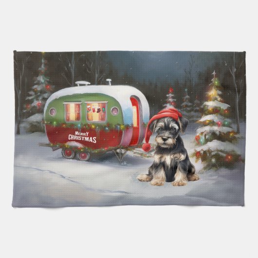 Winter Schnauzer Caravan Weihnachtsabenteuer Geschirrtuch (Horizontal)